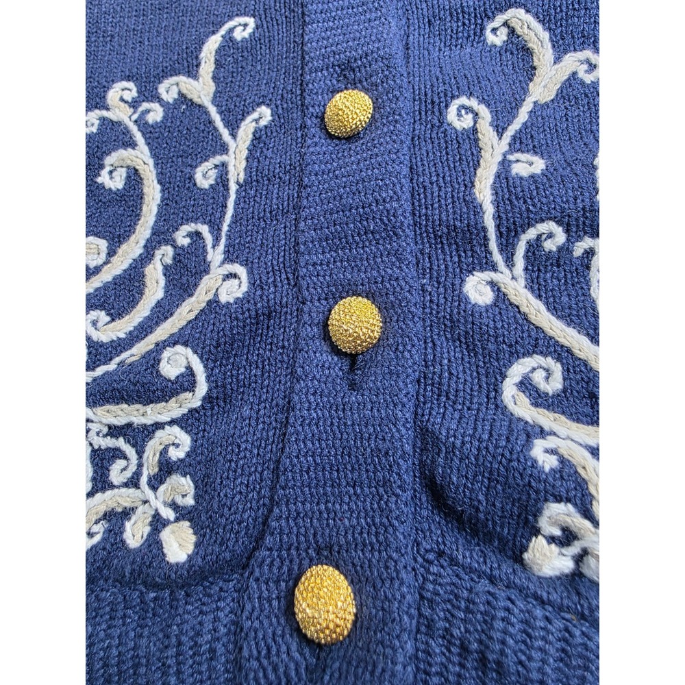 Charter Club Vintage Navy Blue Hand Embroidered Cardigan Sweater Gold Buttons S - Picture 6 of 6